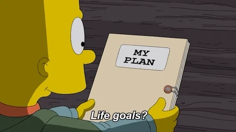 The Simpsons Bart opening a book called 'my plan' and sees life goals written in it.