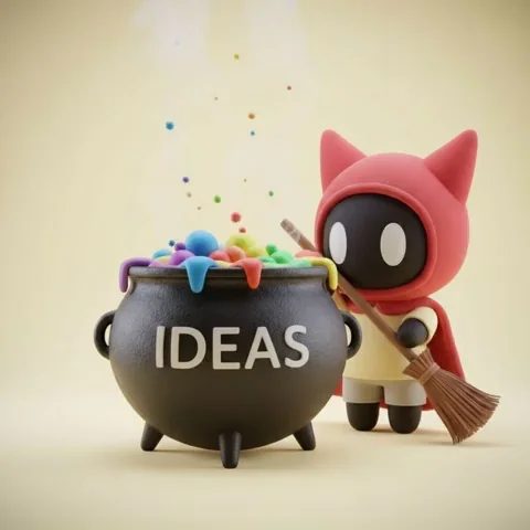 A cartoon cat stirs a broom into colorful, bubbling liquid in a cauldron labelled "Ideas".