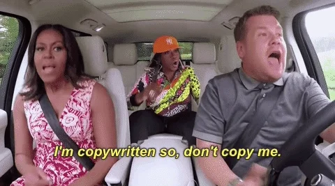 James Corden in car with Michelle Obama and saying, 'I'm copywritten, so don't copy me.'