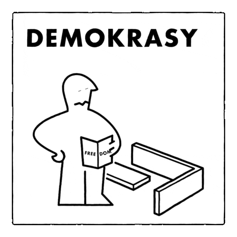 An Ikea-style manual called Demokrasy. A man holds a paper that says freedom while trying to put together a table.