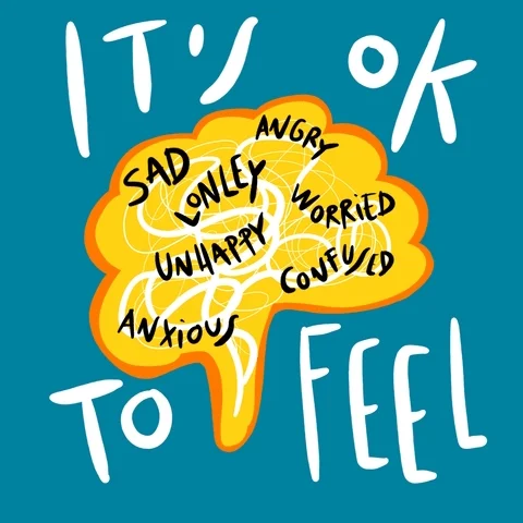 A brain with the words of negative emotions written in it, with 'It's ok to feel' written outside of the brain.