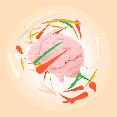 An animation of a brain with orbs floating around it to represent thoughts