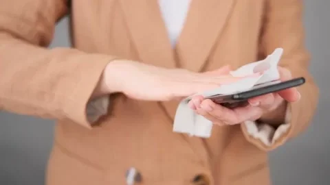 A person sanitizing their phone with a cloth.