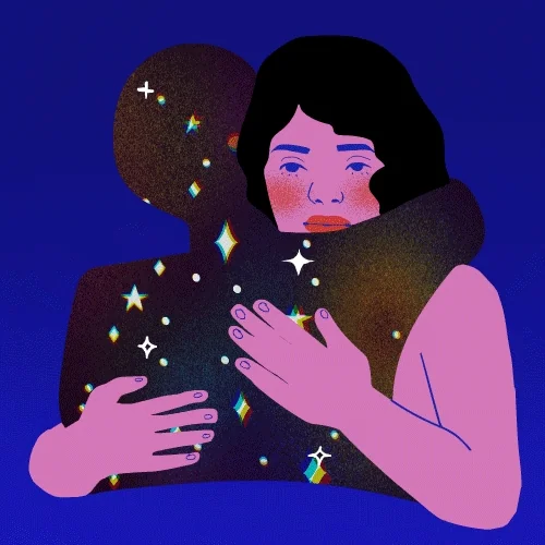 An illustration of a woman hugging a human-shaped figure representing different emotions as she absorbs them.