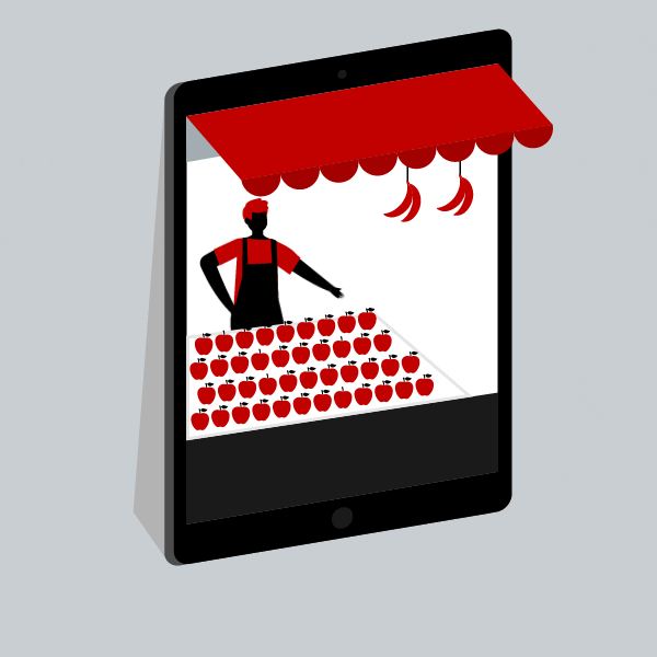 An animate graphic of an online company on a tablet, over the text 'open for business'