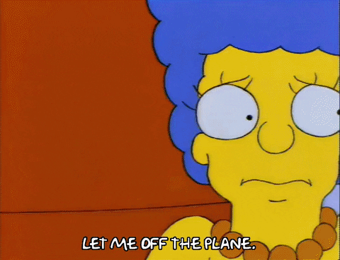 Marge Simpson having trouble coping with fear of flying. She's pounding on the plane window, saying, 
