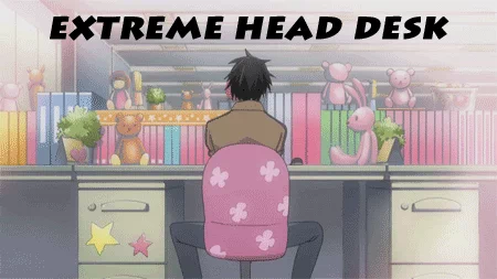 An anime character at an office desk, banging his head against his laptop.