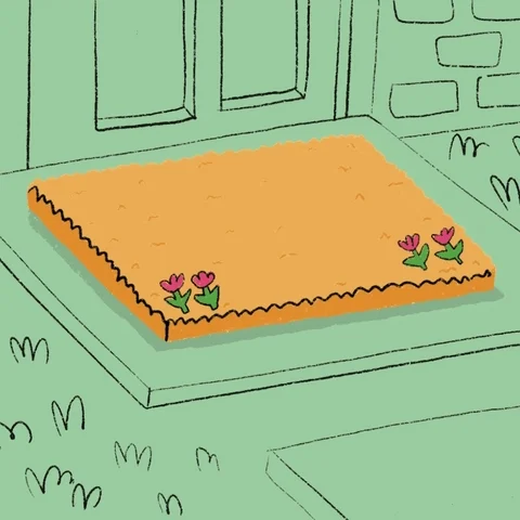 A doormat in front of a house that reads, 