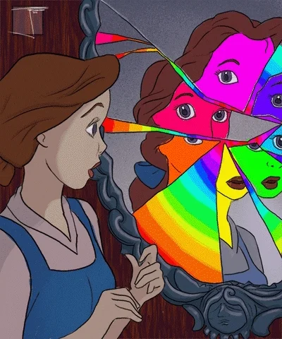 Belle from Beauty and the Beast looking into a mirror which is broken with psychedelic rainbow patterns
