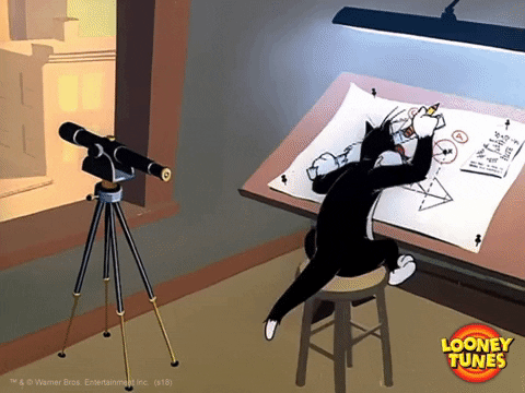 Cat looking at a building through a telescope and making an engineering drawing.