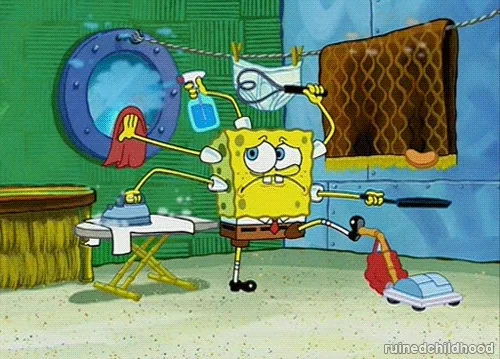 "SpongeBob SquarePants with many arms rapidly cleaning the house, using a vacuum cleaner in one hand and an iron in the other