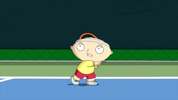 Stewie from Family Guy plays tennis.