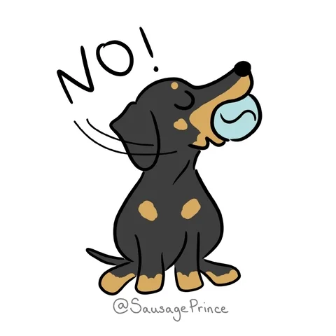  A cartoon Dachshund shakes its head while saying 