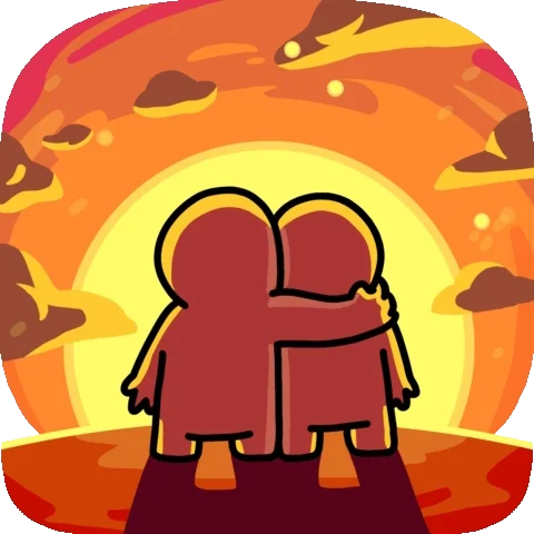 Animated cartoon GIF showing 2 characters looking into the sunset with the words, 