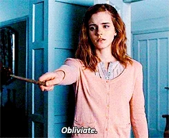 Hermione Granger from Harry Potter using the "Obliviate" spell to erase memories.