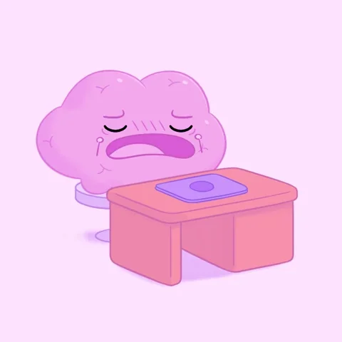 A tired brain puts on a cheerful mask to appear upbeat while working.