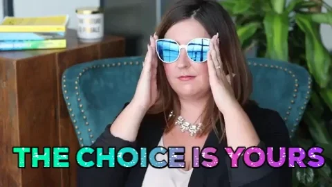 A woman lowering her sunglasses and winking. Sparkly text reads: 