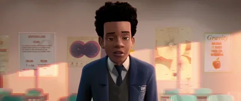 A character from Spider-Man: Into The Spider-Verse shrugs his shoulders and sighs.