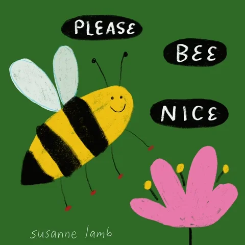A cartoon of a smiling bee and a flower, around a text bubble stating 