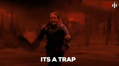 A sci fi character runs away from falling debris on a dark red planet. The text reads, 