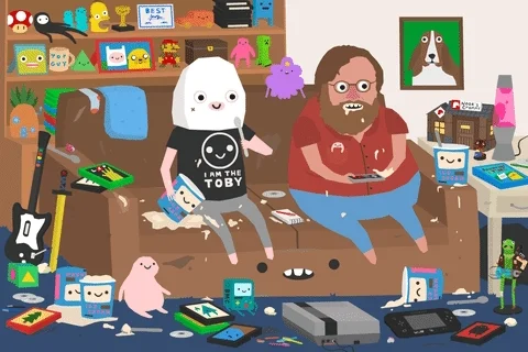 GIF: Two cartoon characters sit on a brown couch in a messy room playing video games and eating ice cream