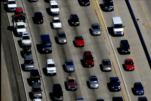 A birds-eye view of traffic on a Los Angeles freeway.
