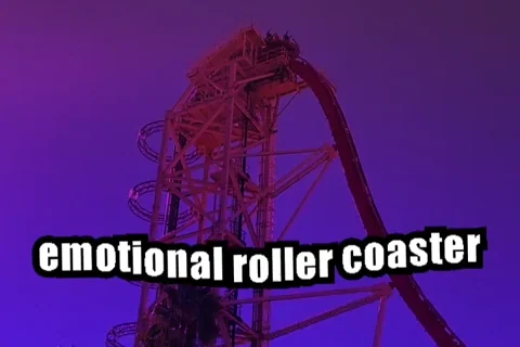 People on a rollercoaster speeding down a steep track. The text reads: 