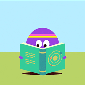 GIF Illustration of a round, purple character holding an open book and quickly scanning the contents.