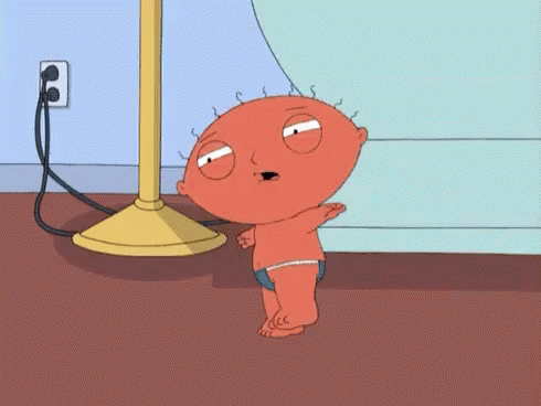Stewie from Family Guy walking slowly with a full body sunburn
