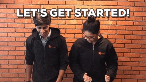 Two excited individuals wildly dance while overlaid text reads 'let's get started!'
