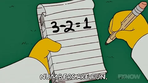 A Simpson holds a note pad that reads 3-2=1. The caption reads, 'Numbers are fun.'