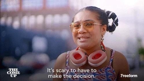 A girl wearing headphones says, "It's scary to have to make the decision."