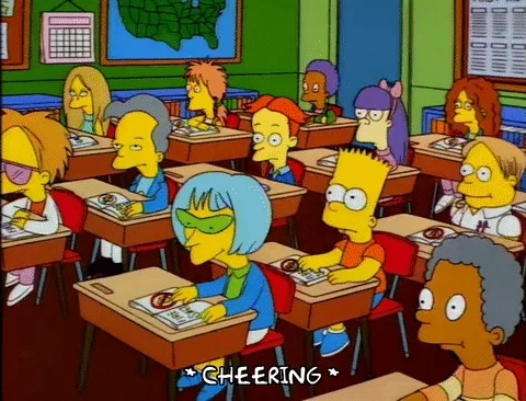 Simpsons characters in class leaving their desks, cheering.