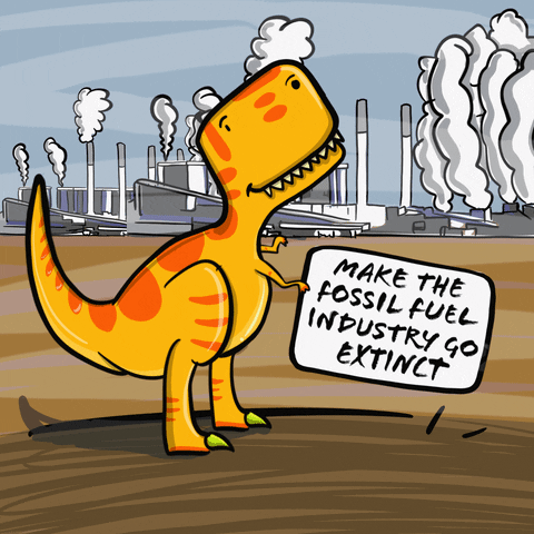 An animation of dinosaur in front of an oil refinery. It holds a sign that reads, 'Make the fossil fuel industry go extinct.'