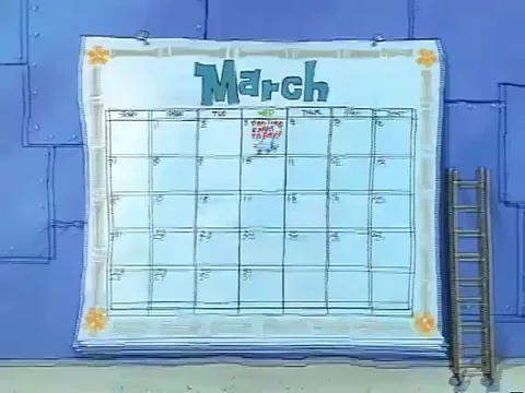 Spongebob flying onto a wall calendar and sticking on it.