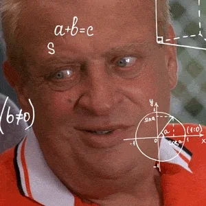 Rodney Dangerfield thinking, with math equations all around him.