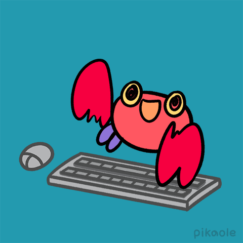 happy cartoon crab furiously types at keyboard