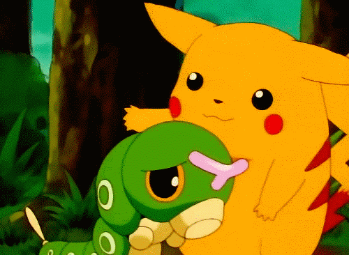 Pikachu pats a sad Caterpie to help it cheer up.