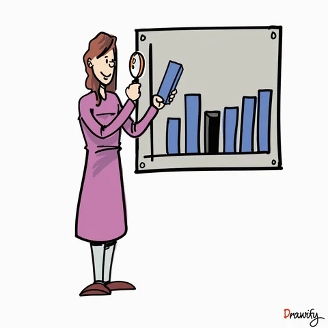 A cartoon woman investigates a bar chart with a magnifying glass. 