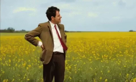 GIF: Mr. Bean standing in a windy field looks at his watch.