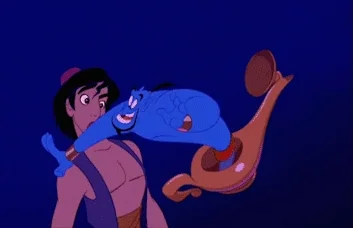 Genie helping Aladdin rub the lamp and get him out.