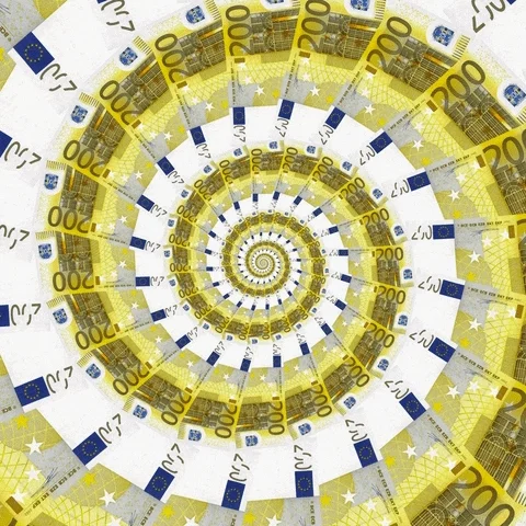A moving fractal spiral of twirling 200 Euro notes.