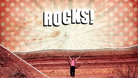 Person standing as rock layers are added behind with the word 