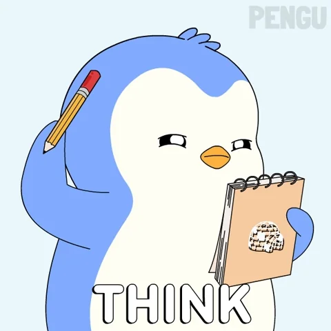 Penguin holding a notepad thinking.