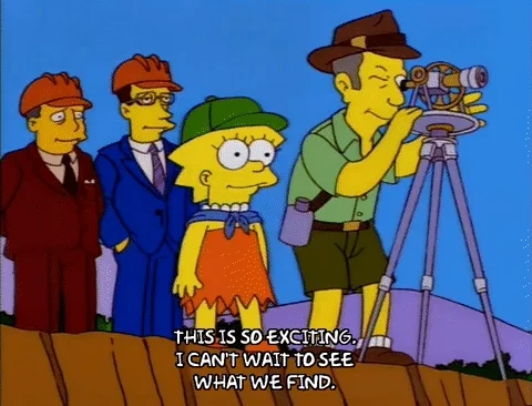 Clip from The Simpsons: Adult uses surveying tool while child says, 