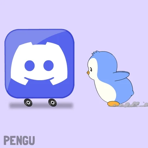 A cartoon penguin with a trail of smoke behind him chases after the Discord logo on wheels.
