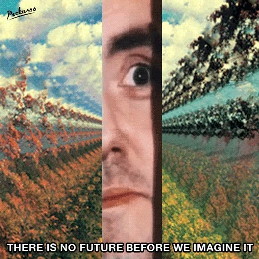 A person's face appears between two kaleidoscopic images. The text reads, 'There is no future before we imagine it.'
