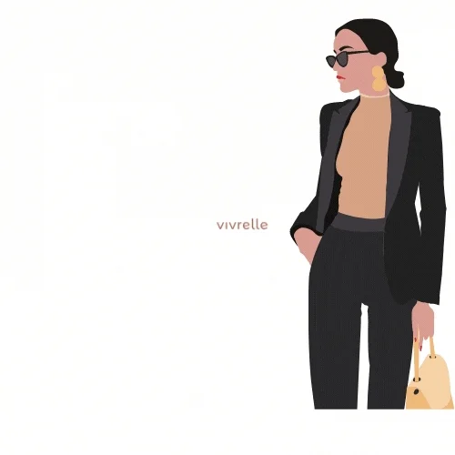 Illustrated female wearing a sweater and black suit with overlaid text that reads 'thanks it's borrowed.'