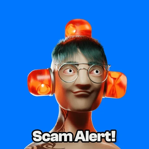 An animated person with blaring sirens on their head and ears. The text reads, 'Scam Alert!'