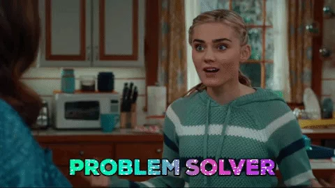 A teenager points to herself and says, 'Problem solver!'